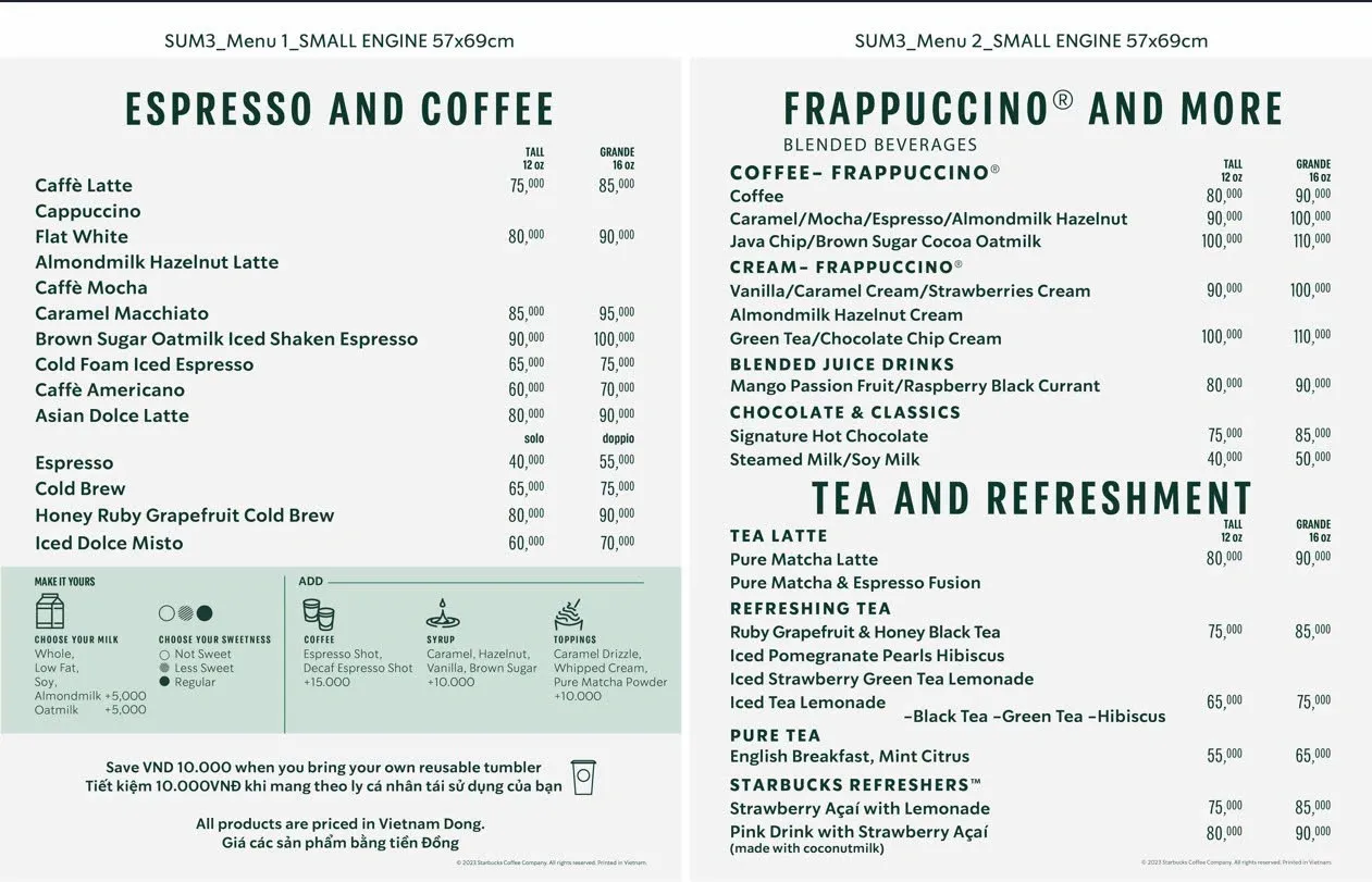 Menu Starbucks trong cửa hàng với nhiều loại đồ uống cà phê